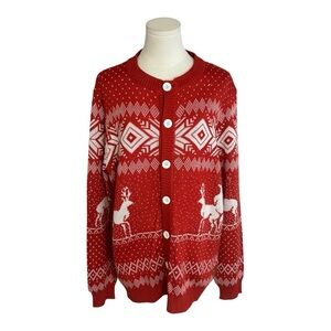 TIPSY ELVES Red White Cardigan Sweater Naughty Reindeer Size L Christmas‎ Ugly